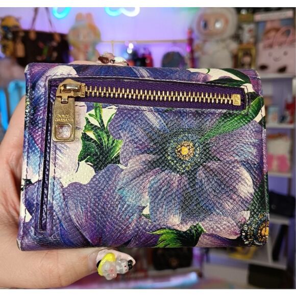 D&G Limited Edition Rare Purple Leather Floral Daisy Compact Tri-Fold Wallet - Picture 2 of 11